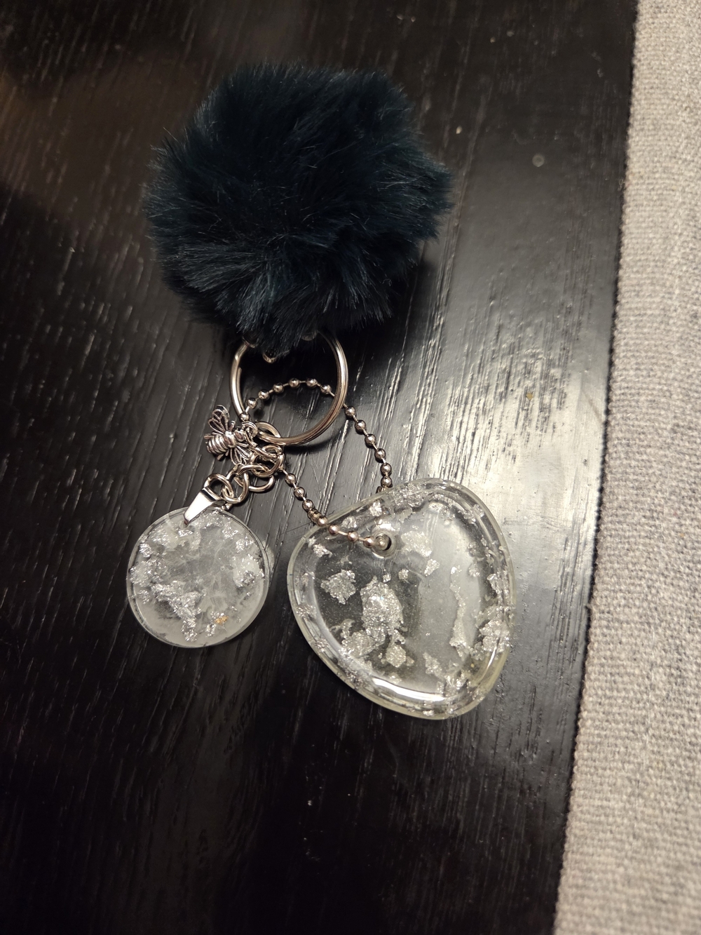 Faux Fur Pom Pom Keychain with Clear Heart & Round Charms - Black